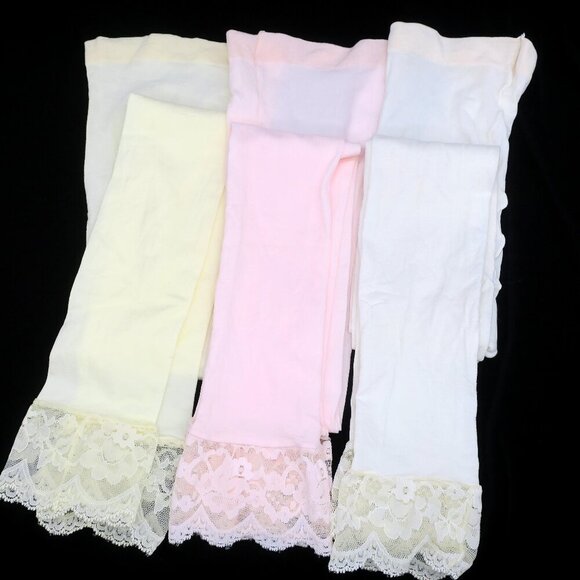 Vintage 80's Lace Trim Footless Stockings Lot of 3 Pink, Pale Yellow & Off White - Picture 1 of 2